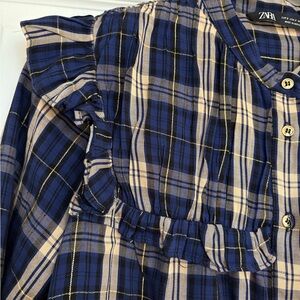 Zara Navy and Cream Plaid Prairie Blouse With Metallic Gold Thread, S